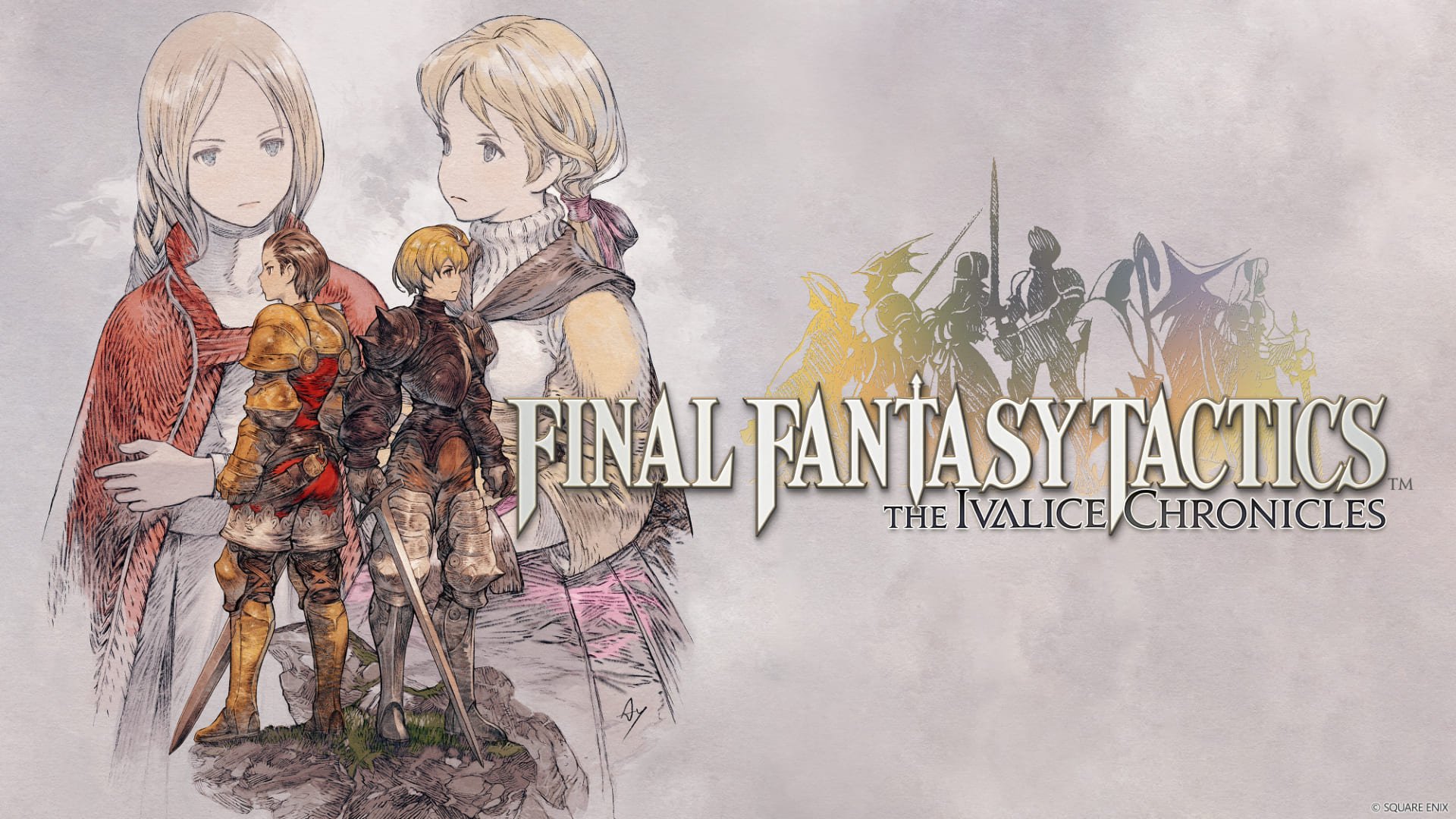 Two armored characters and two sketched figures appear alongside the "Final Fantasy Tactics The Ivalice Chronicles" text.