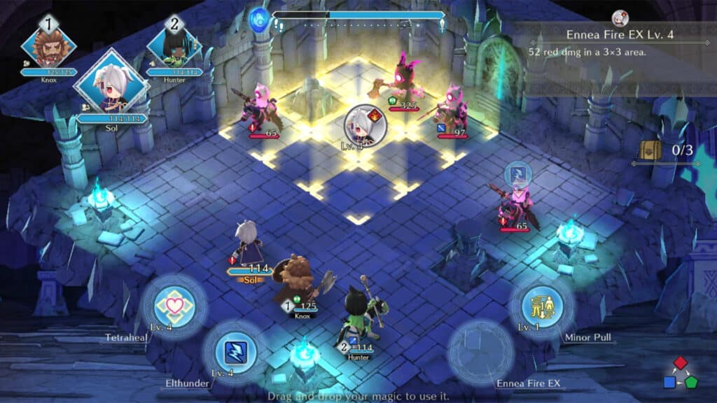 Fantasy RPG battle scene on a grid, inspired by Fire Emblem Shadows, with characters and action buttons in a glowing dungeon setting.