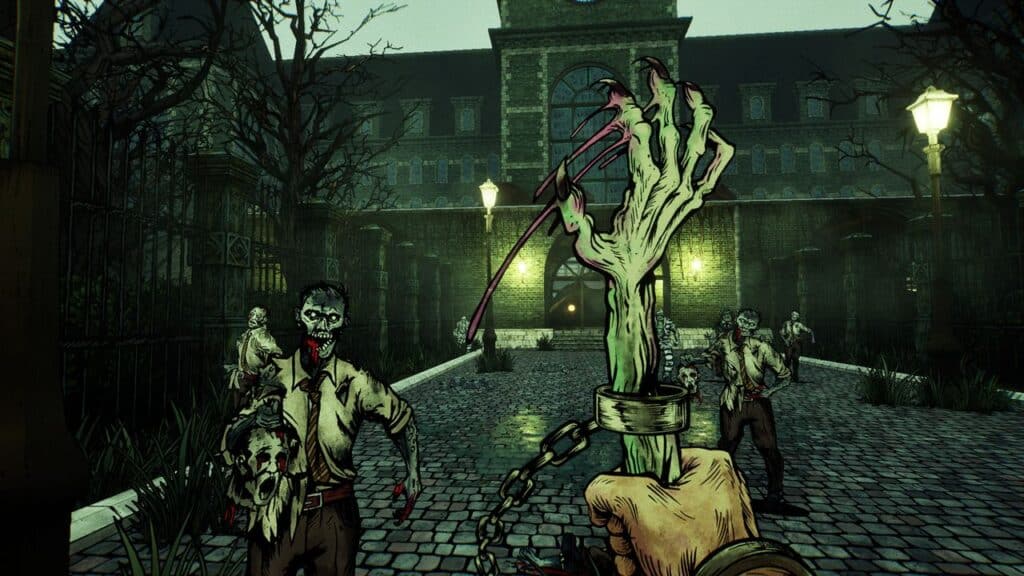 A zombie holds a severed head in a dark, eerie courtyard as more zombies approach—an unsettling scene reminiscent of Forgive Me Father 2.