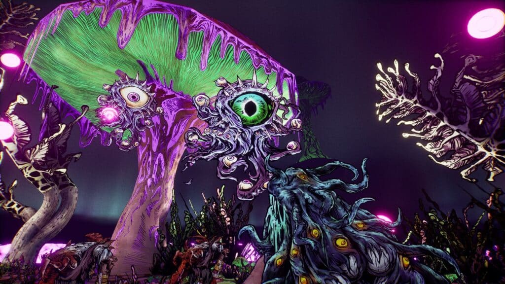 Surreal scene inspired by Forgive Me Father 2, with glowing mushrooms and bizarre creatures with multiple eyes in a colorful, alien landscape.