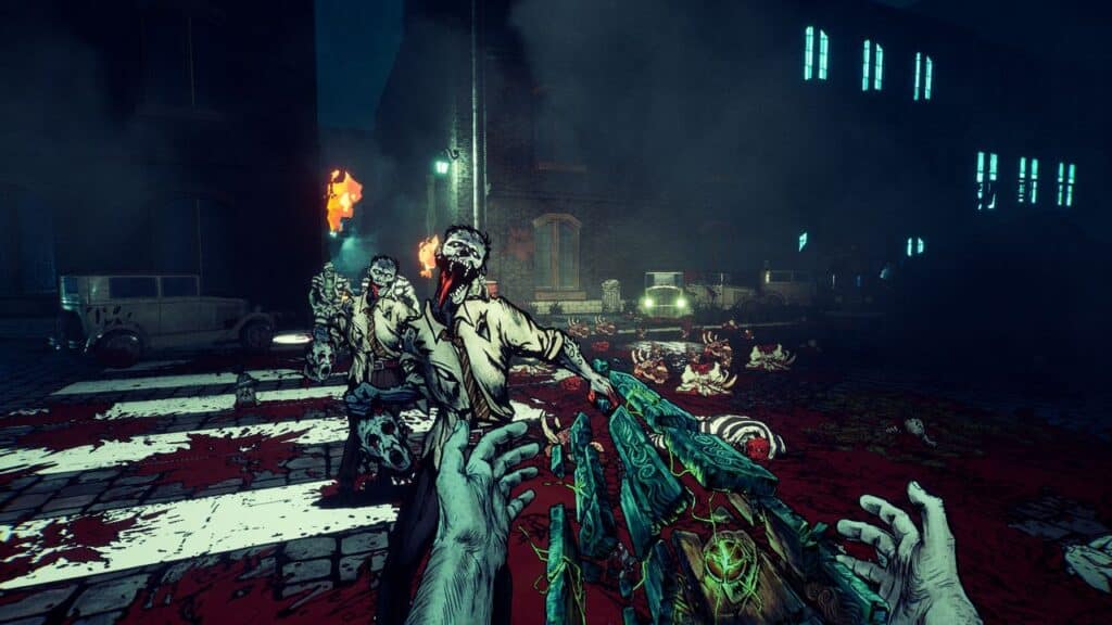 A first-person view of a character fighting zombies on a blood-stained city street at night, inspired by the dark and intense world of Forgive Me Father 2.