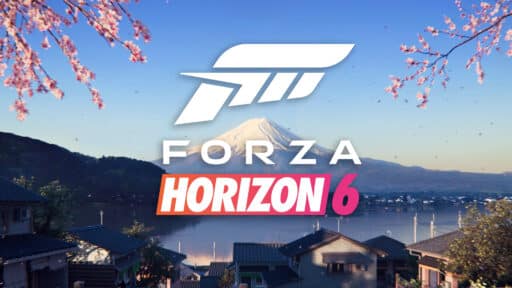 Forza Horizon 6 logo set against a stunning Japanese landscape, featuring Mount Fuji and vibrant cherry blossoms.