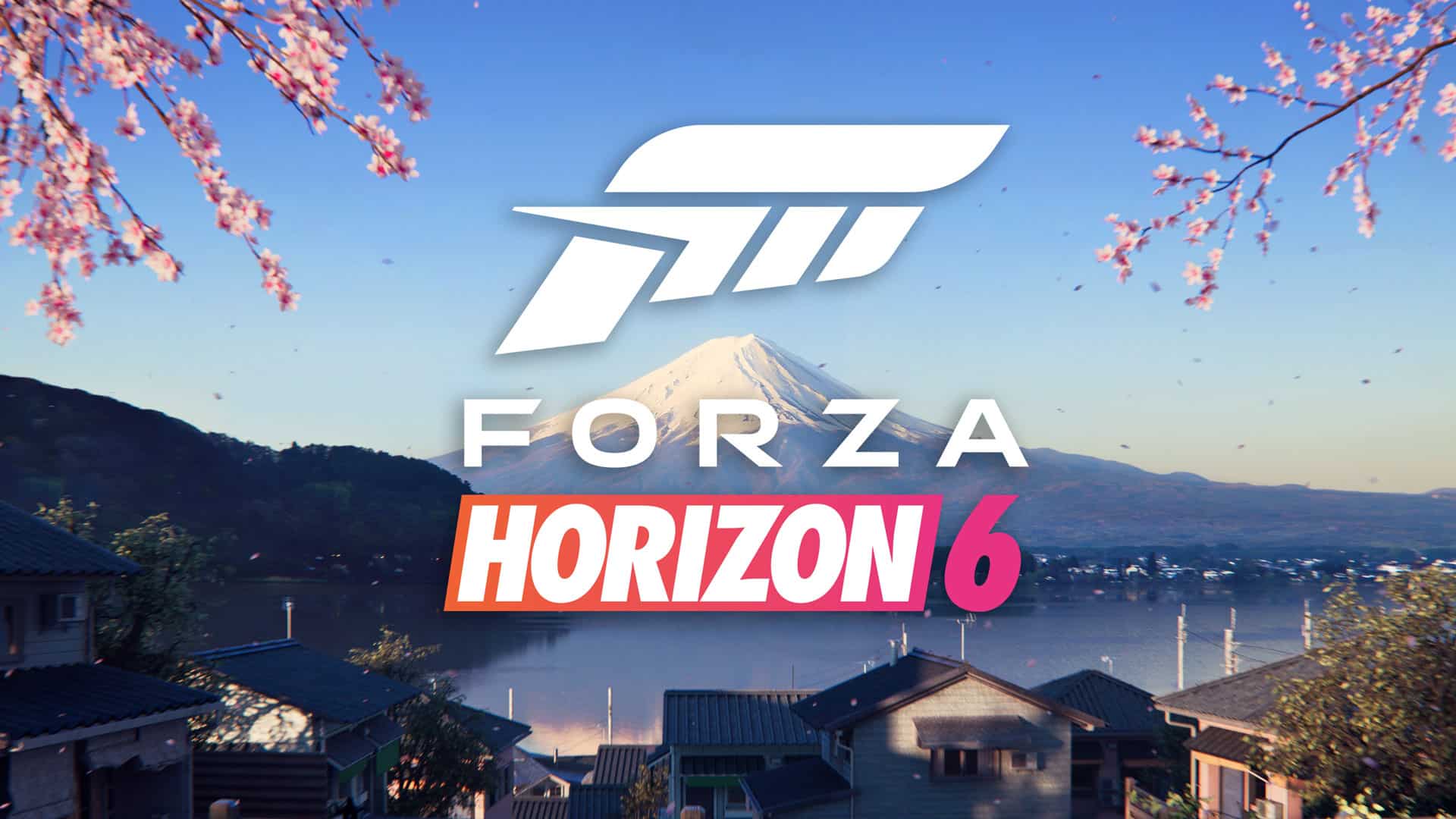 Forza Horizon 6 logo set against a stunning Japanese landscape, featuring Mount Fuji and vibrant cherry blossoms.