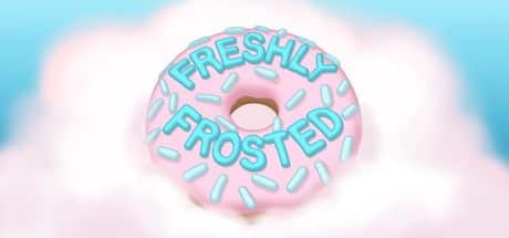 A pink frosted donut with blue sprinkles and the words "Freshly Frosted" floating on clouds.