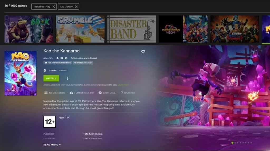 A game store page for "Kao the Kangaroo" shows its cover art, description, and an action scene with the kangaroo—now even more thrilling with GeForce NOW RTX 5080 Upgrade Install to play support for stunning graphics and smooth gameplay.