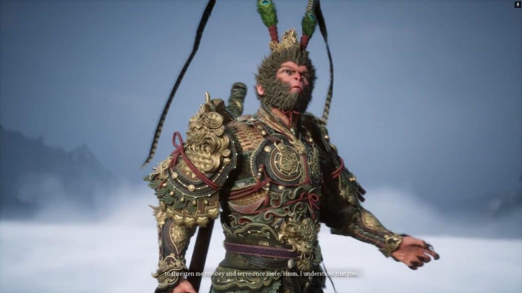A warrior in ornate armor with a monkey-like face stands against a foggy, mountainous background, ready for battle—powerful as a GeForce NOW RTX 5080 Upgrade.