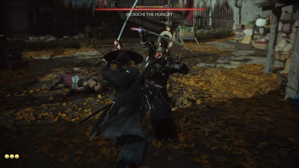 Two warriors duel with swords in a leaf-covered yard; "INOKICHI THE HUNGRY" and "Ghost of Yotei" hover above them in striking text.