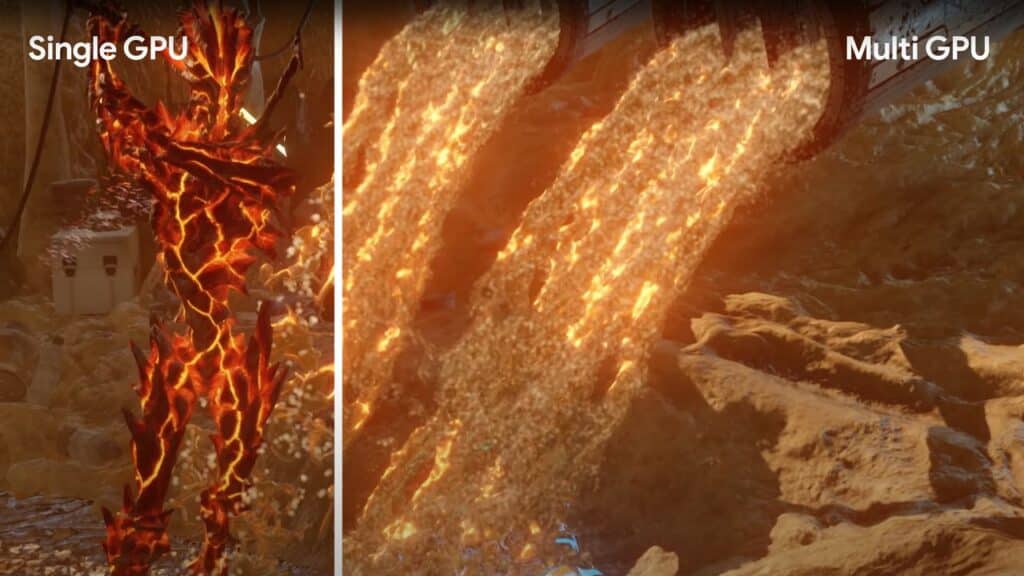 Split screen shows "Single GPU" with a lava figure and "Multi GPU" with detailed molten lava, marking the Google Stadia shutdown anniversary.