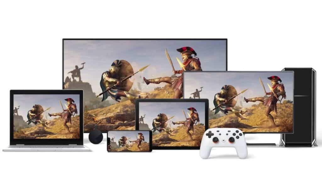 Video game scene displayed on multiple devices—TV, laptop, tablet, smartphone, and gaming controller—reflecting on the Google Stadia shutdown anniversary and the changing landscape of cloud gaming.