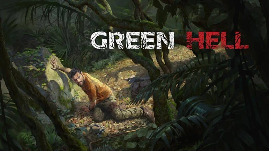A man in a jungle looks distressed, kneeling on the ground next to a rock, with "GREEN HELL" text above him as on of the PlayStation Plus September 2025 games.