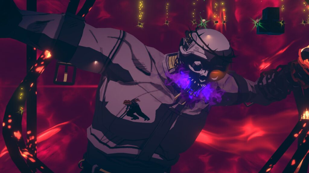 A giant cyborg with purple smoke from its mouth faces a small figure, set against a glowing red background—much like a scene out of an intense Hotel Barcelona review.