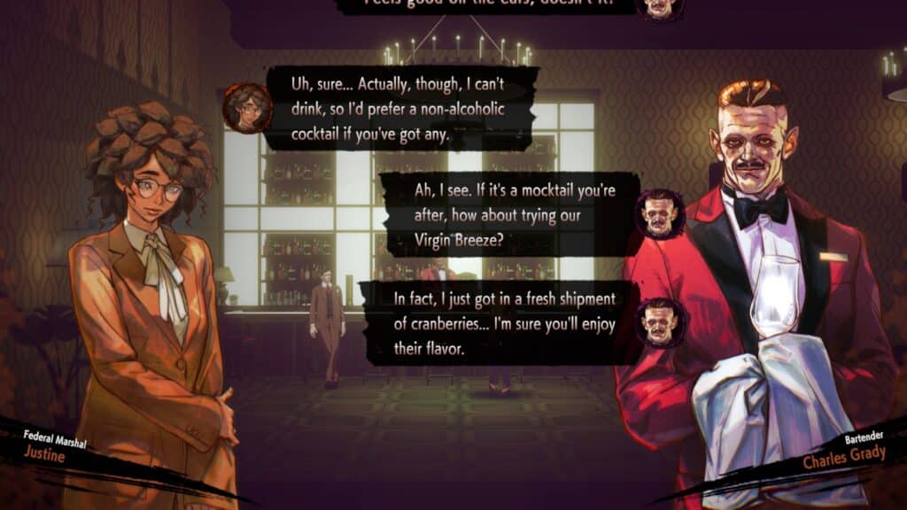 Two people chat in a stylish bar; text bubbles discuss non-alcoholic cocktails and cranberries, inspired by a glowing hotel Barcelona review.