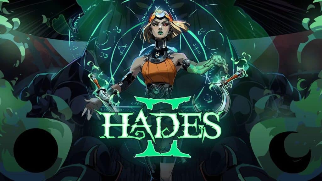A warrior woman holding sickles stands behind the glowing "Hades II" logo amid swirling green mystical energy, capturing the dark allure of Hades 2.