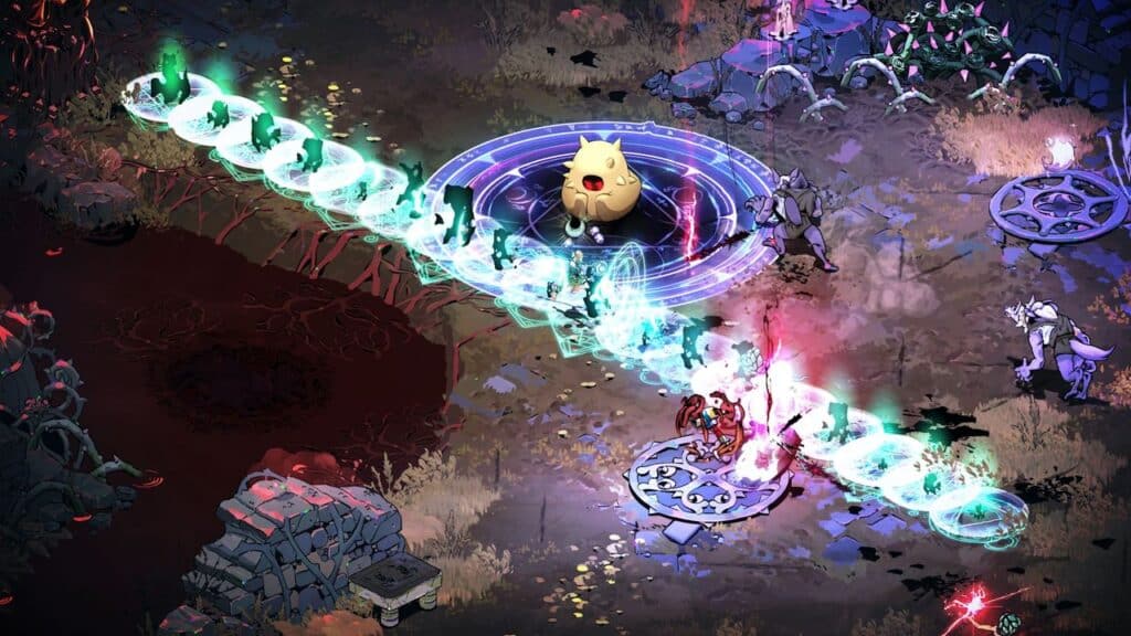 An epic fantasy game battle in the video games Hades 2, featuring magic spells, a large yellow creature, and armored characters clashing on a mystical battlefield.