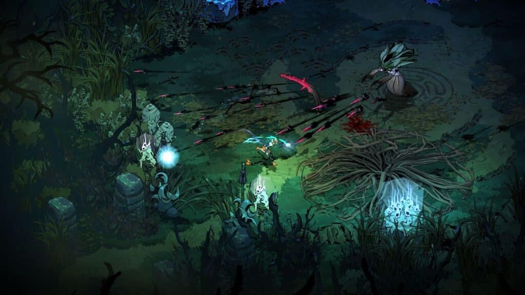 A scene from Hades 2. Melinoë’ battles a monster in a dark, overgrown forest illuminated by glowing blue and green magical effects.