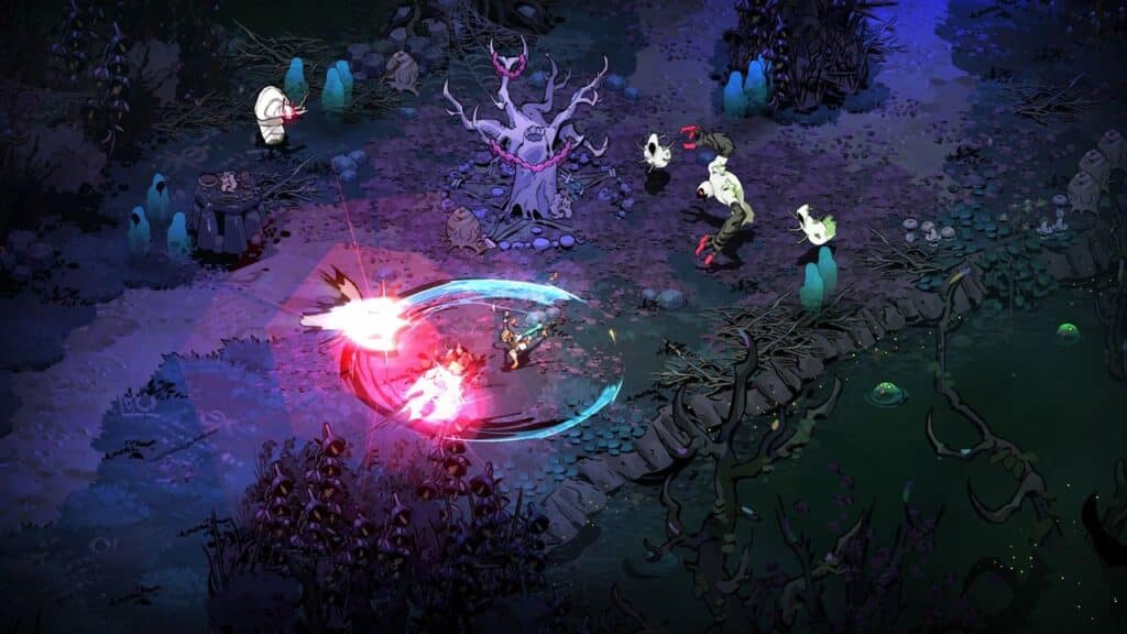 Hades 2 Screenshot - Melinoë’ battles monsters in a dark, mystical forest with glowing attacks and eerie, ghostly trees in Hades II.