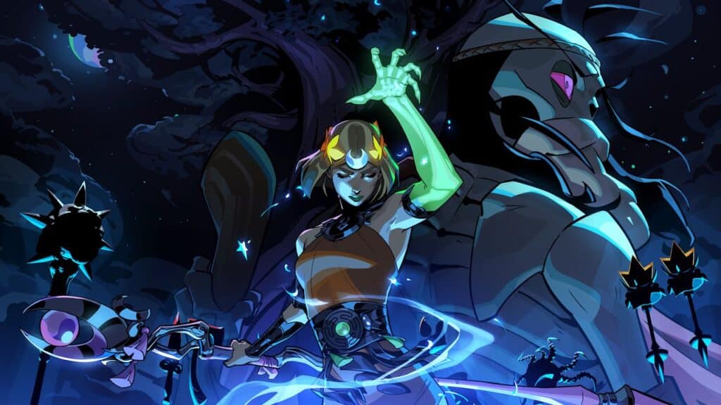 Melinoë’ conjures magic energy beside a tall, armored figure under a dark, starry sky—a scene reminiscent of Hades 2.