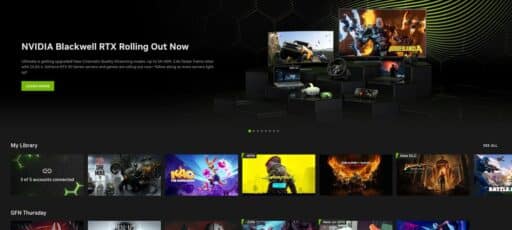 NVIDIA GeForce NOW home screen featuring the Blackwell RTX announcement, GeForce NOW RTX 5080 Upgrade highlight, and various game titles in the library.