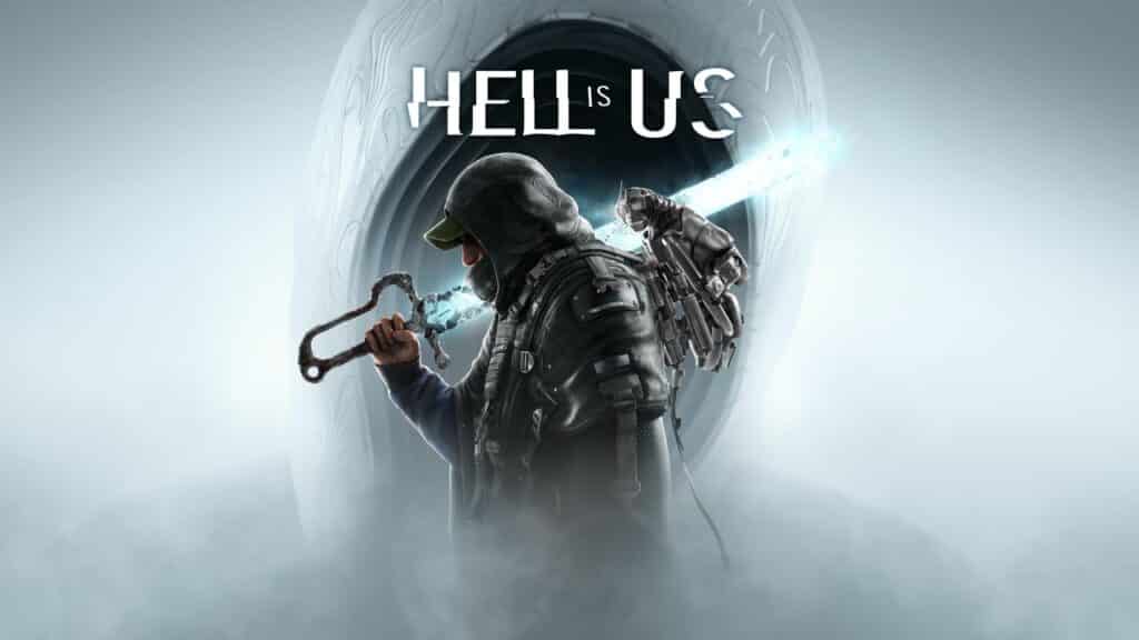 A hooded figure with weapons stands in mist; text above reads "HELL IS US," hinting at a world where danger and mystery merge.