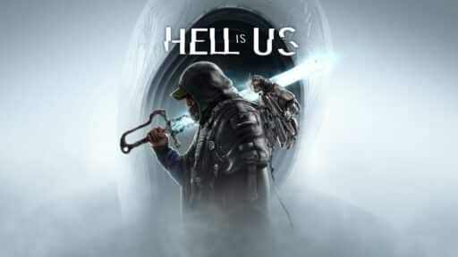 A hooded figure with weapons stands in mist; text above reads "HELL IS US," hinting at a world where danger and mystery merge.