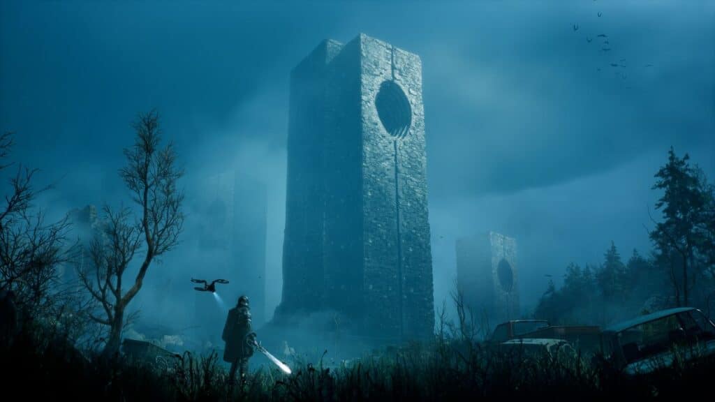 A person with a glowing sword stands near tall, mysterious stone towers with circular holes in a foggy landscape, evoking the haunting world of Hell is Us.