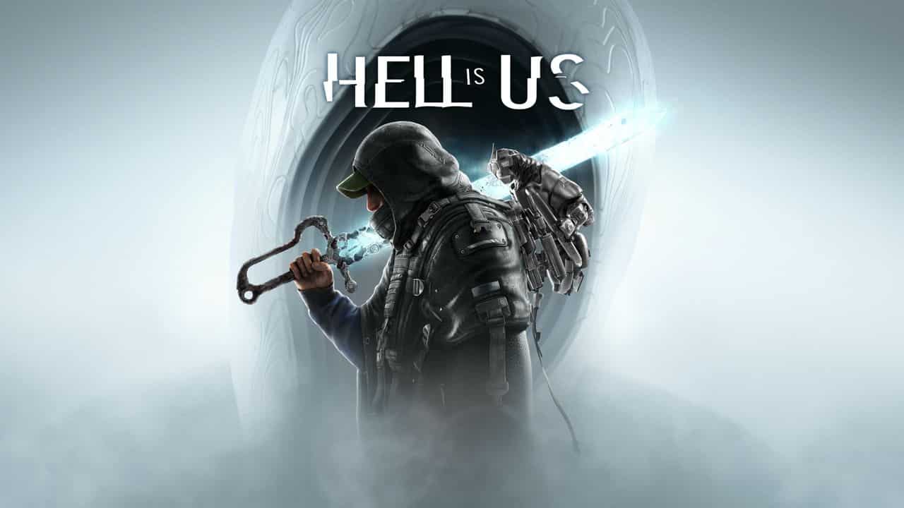 A hooded figure with weapons stands in mist; text above reads "HELL IS US," hinting at a world where danger and mystery merge.