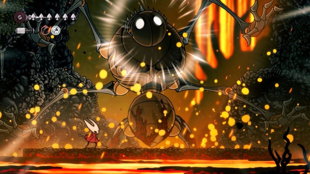 A small character faces a large spider boss in a fiery, lava-filled cave with glowing orange particles, evoking the intense battles found in Hollow Knight Silksong.