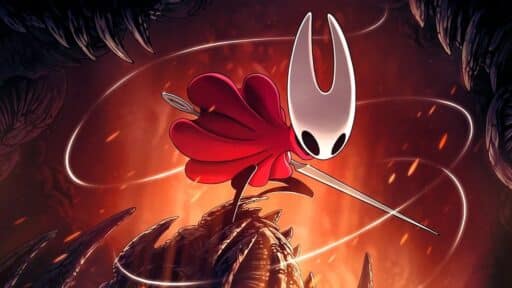 A masked character in a red cloak wields a needle, poised for action atop dark, spiky creatures in the world of Hollow Knight Silksong.