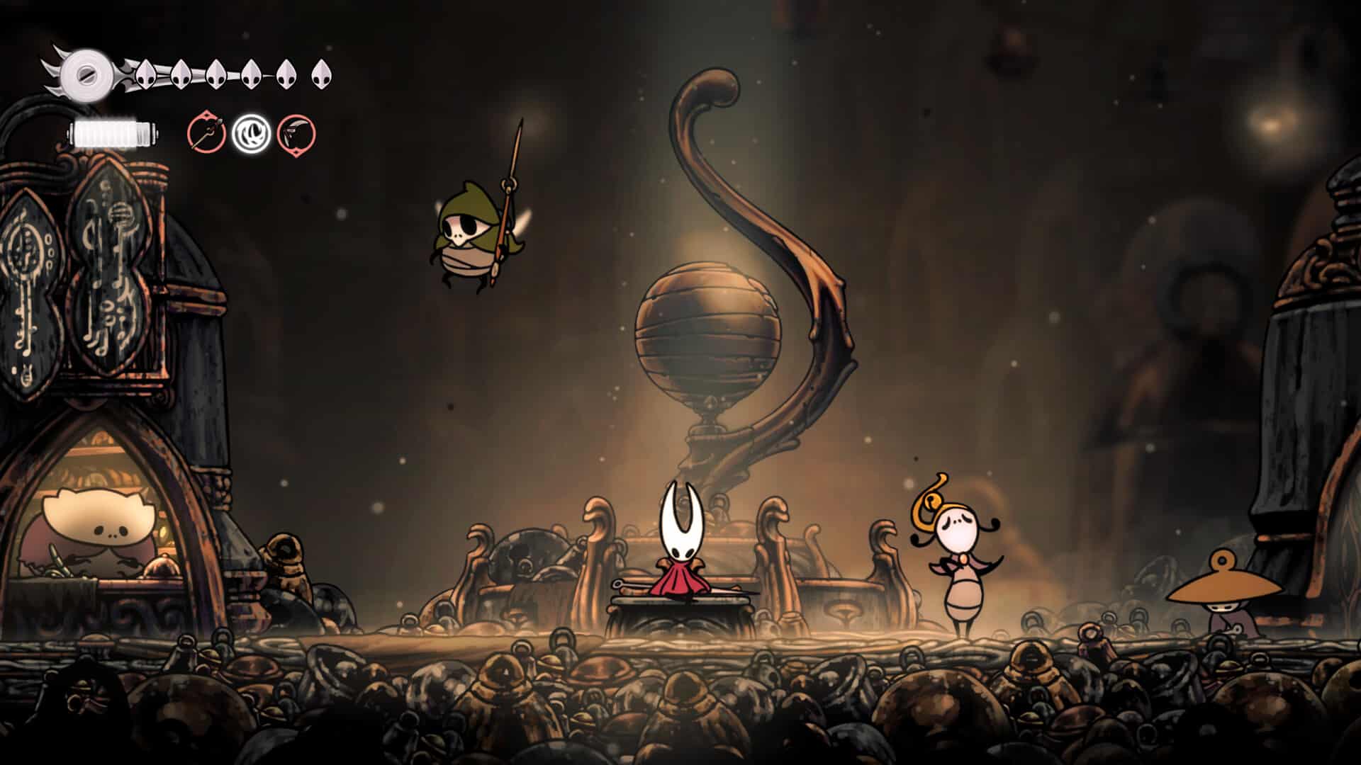 A bug warrior faces two opponents in a dim, ornate arena with a large spiral statue in the background, evoking the intense atmosphere of Hollow Knight Silksong.
