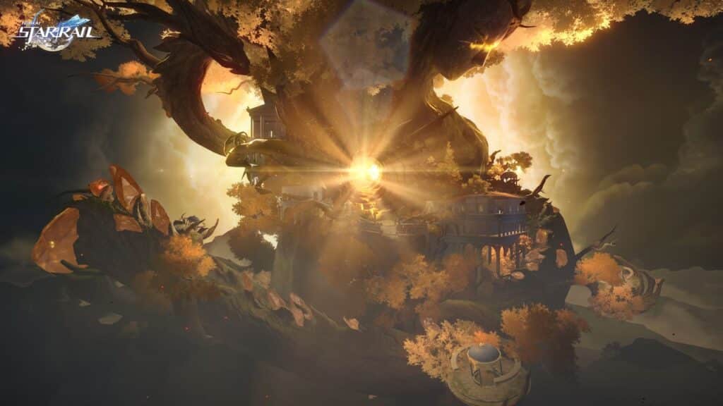 A glowing tree with golden light and buildings nestled among its branches, inspired by Honkai Star Rail Version 3.6.