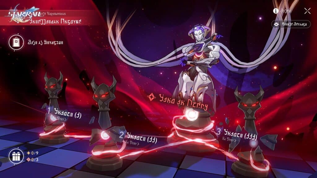 Animated chessboard with a futuristic queen figure and three dark, glowing chess pieces in a purple-red setting, inspired by Honkai Star Rail Version 3.6’s bold visual style.