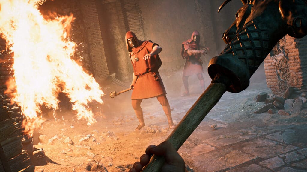 A first-person view of a torch confronting two hooded figures in red robes near a fire in a stone chamber, reminiscent of The Order of Giants from Indiana Jones and the Great Circle.