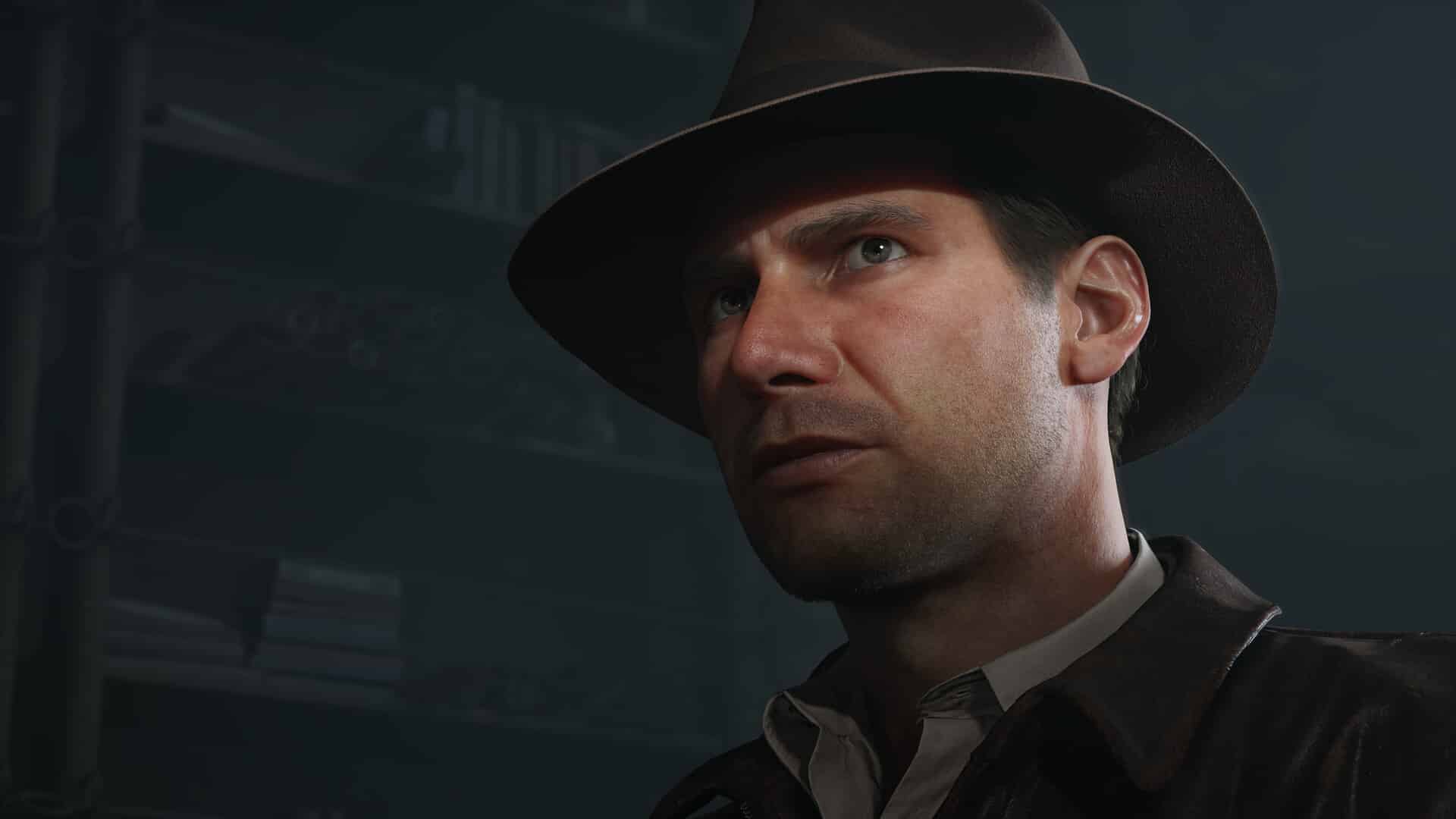 Indiana Jones looks serious in a dimly lit setting, reminiscent of Indiana Jones and the Great Circle as he faces the mysterious Order of Giants.
