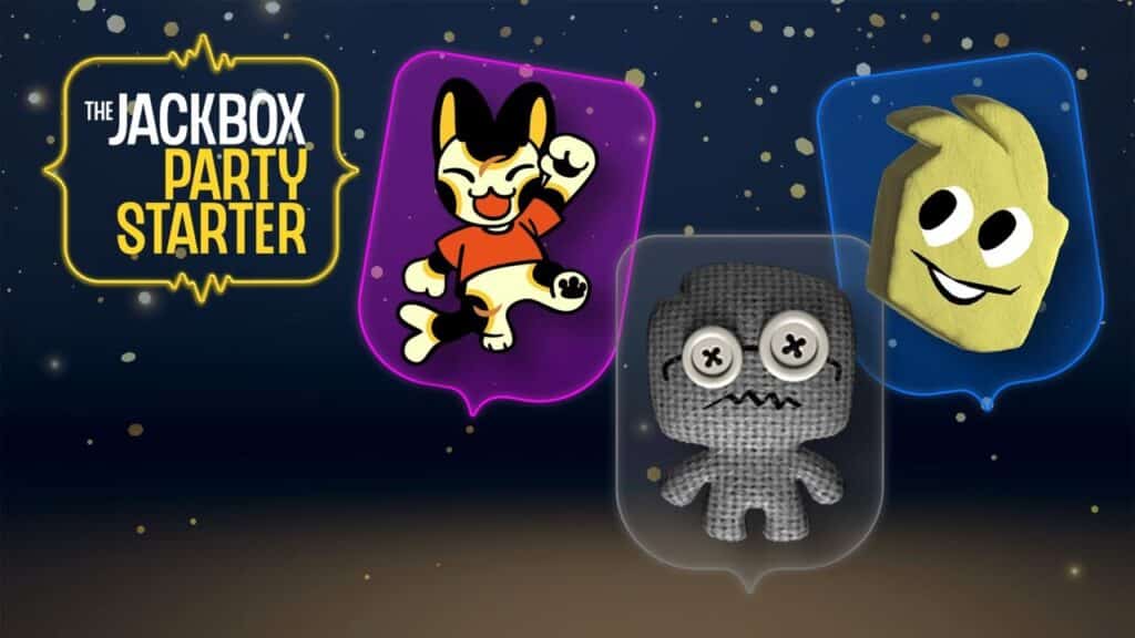 Three cartoon game characters with "The Jackbox Party Starter" text on a starry background—perfect for Blacknut LG streaming week 2025.