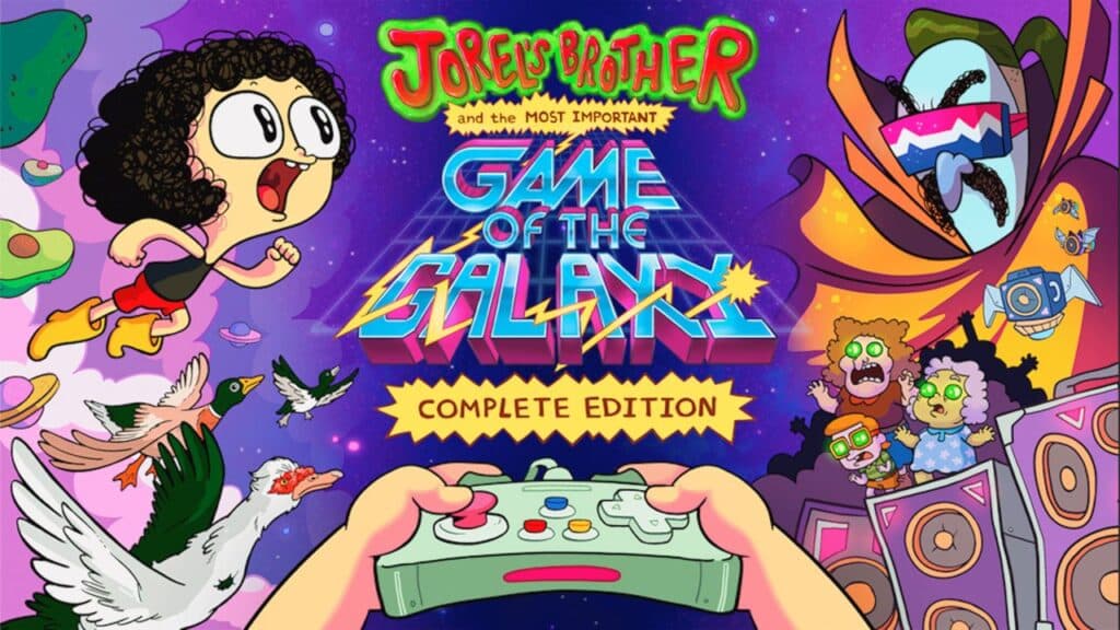 Colorful cartoon image of a video game, with a joystick, characters, and Jorel's Brother and the Most Important Game of the Galaxy title.