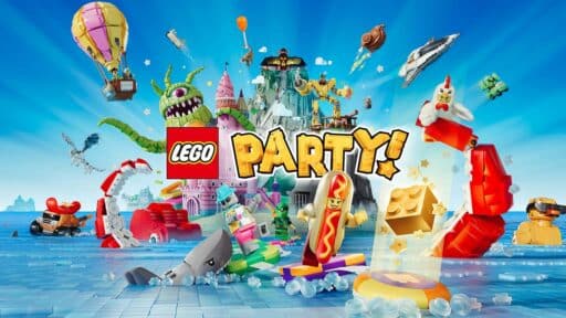 Colorful LEGO characters and builds gather at a lively celebration, with "LEGO Party!" text boldly displayed in the center.