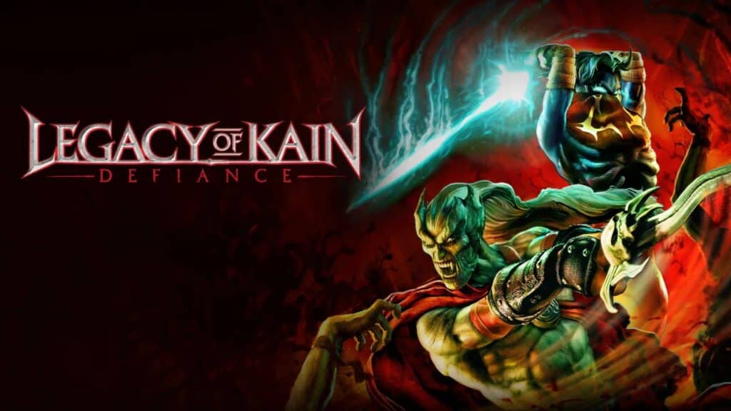 Two vampire warriors with glowing weapons on the Legacy of Kain: Defiance video game cover art as one of the PlayStation Plus Premium September 2025 games.