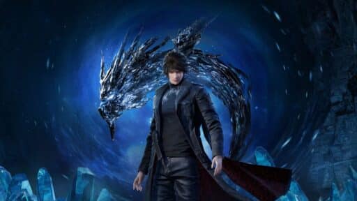 A man in dark clothing stands before a swirling blue crystal dragon in a mystical, icy cave, evoking the enigmatic world of Lost Soul Aside.