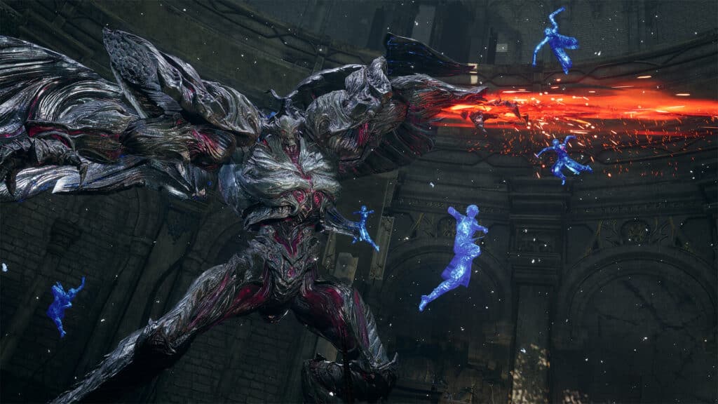 A monstrous armored creature attacks glowing blue figures with a fiery red blade in a dark, ancient arena in Lost Soul Aside.