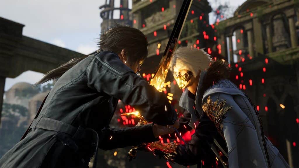 Two characters clash swords, sparks flying, in a dramatic Lost Soul Aside battle scene amid ancient ruins.