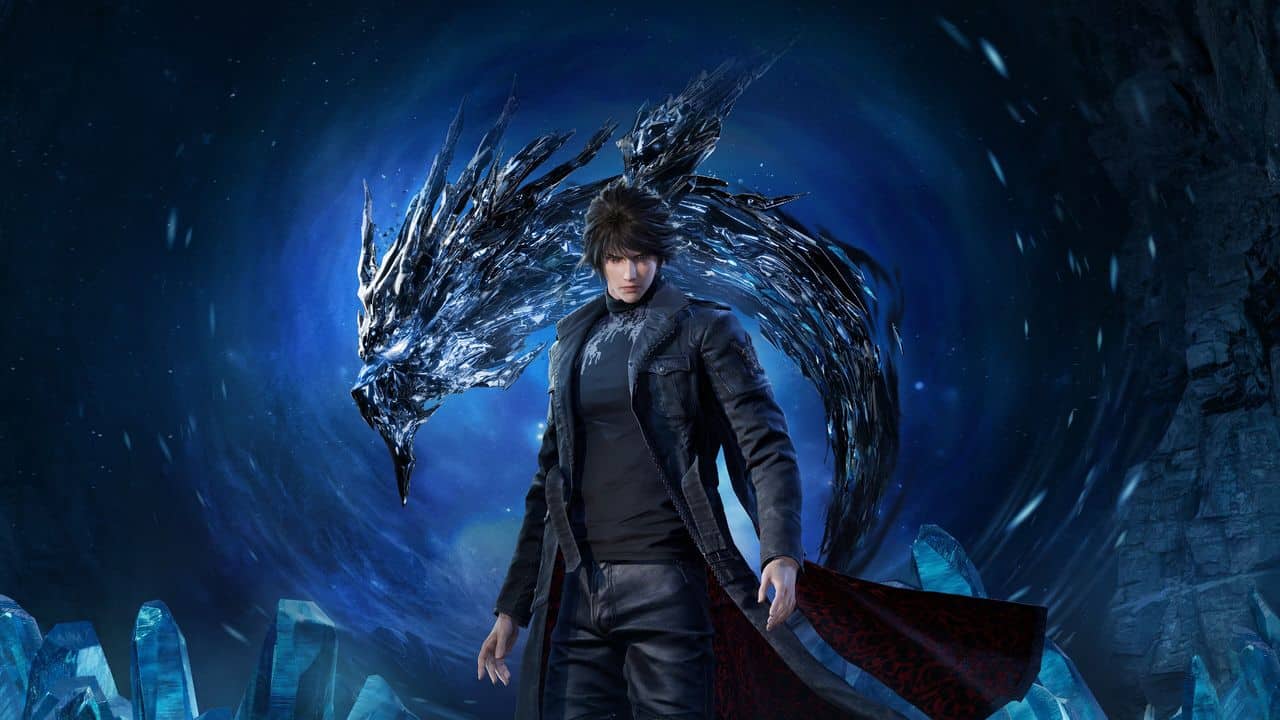 A man in dark clothing stands before a swirling blue crystal dragon in a mystical, icy cave, evoking the enigmatic world of Lost Soul Aside.