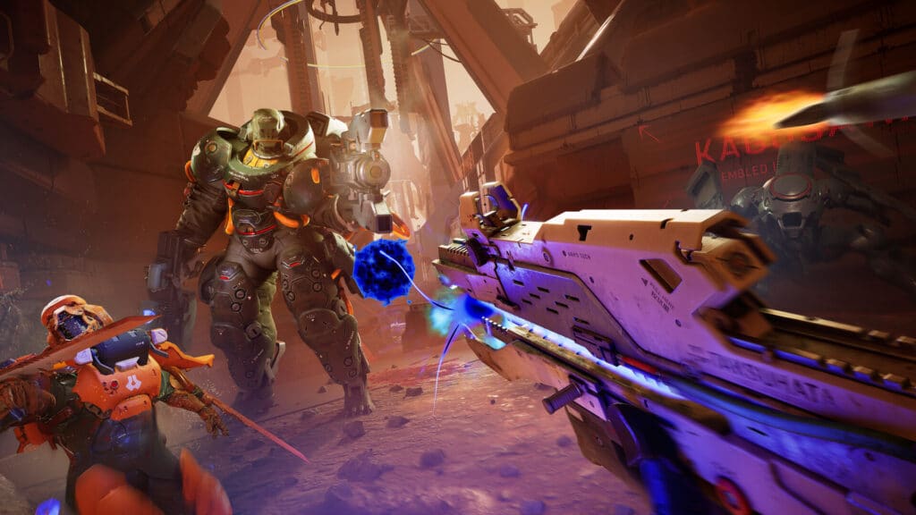 A futuristic soldier fires a glowing energy weapon at a massive armored mech in the heart of Metal Eden, igniting an epic sci-fi battle scene.