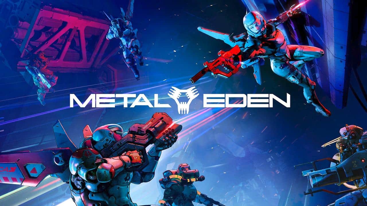 Futuristic armored soldiers in combat surround the "Metal Eden" title and a robotic skull logo, featuring Towa and the Guardians of the Sacred Tree at the heart of the action.