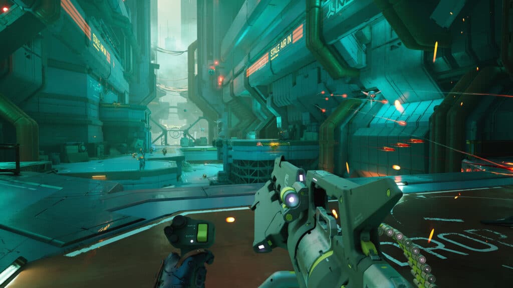 Experience Metal Eden: a futuristic cityscape from a first-person shooter game, where neon-lit streets, powerful weapons, and relentless enemies immerse you in a dazzling high-tech battleground.