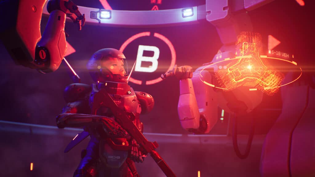 A humanoid robot from Metal Eden interacts with a glowing device in a futuristic, red-lit laboratory marked with the letter "B".