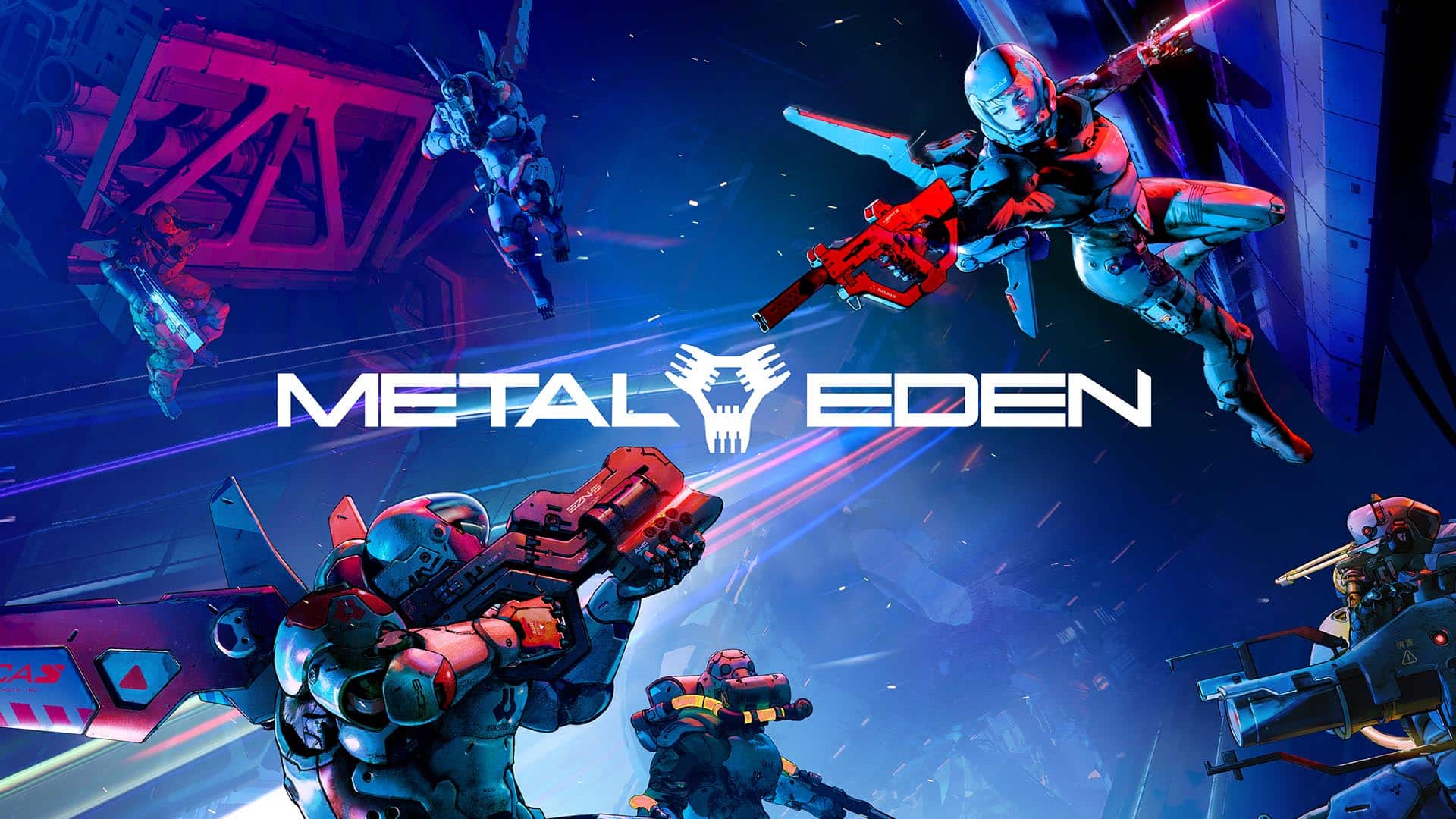 Armored soldiers with futuristic weapons clash in a fierce battle beneath the bold "Metal Eden" logo, capturing the heart of this sci-fi world.