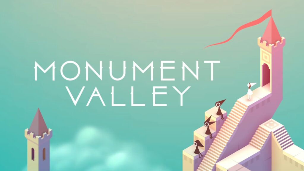 Stylized castle towers with stairs and characters from Monument Valley, title text in the sky.