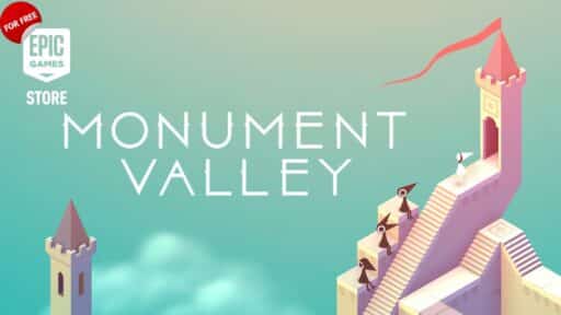 Minimalist castle towers and stairs with a character in white, featuring "Monument Valley" and "Epic Games Store." Discover this enchanting world among the Epic Games Store free games.