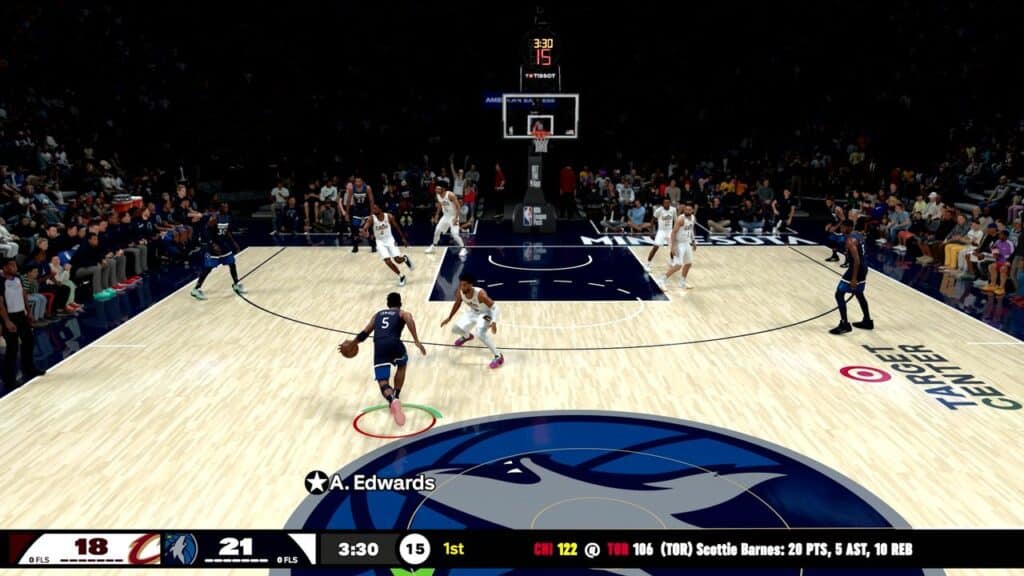 A basketball video game like NBA 2K26 shows players on court, with scores and player stats displayed at the bottom.
