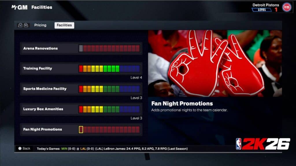 The NBA 2K26 Facilities screen displays upgrade levels and Fan Night Promotions, featuring a vibrant foam finger graphic.